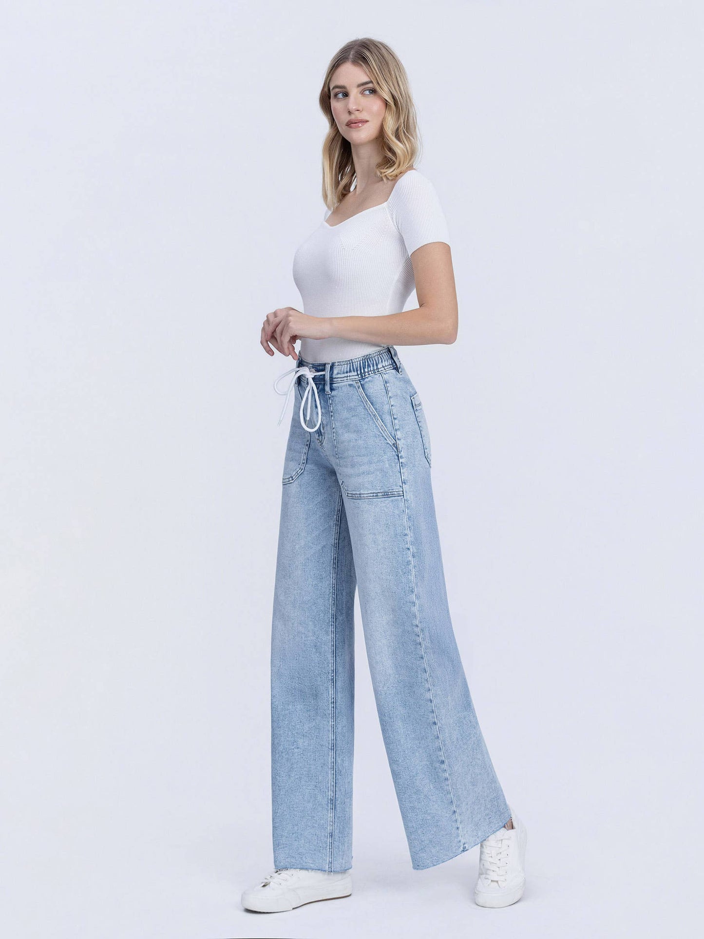 SADIE HIGH RISE DRAWSTRING WAISTBAND WIDE LEG JEANS