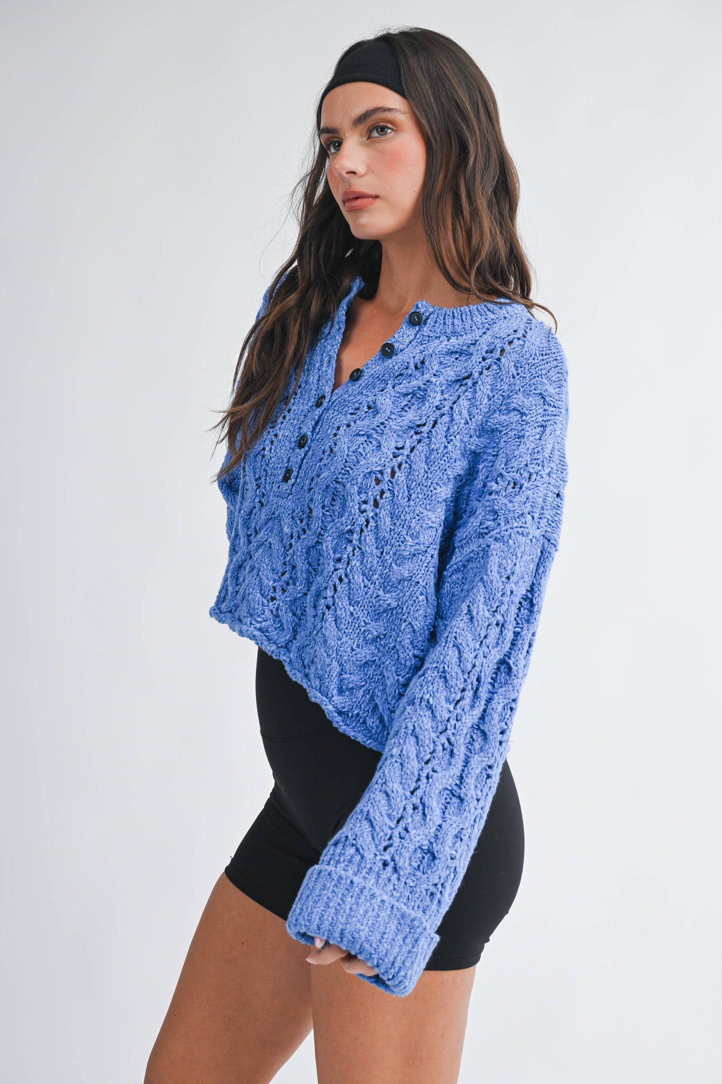 Blue Textured Cropped Henley Knit Sweater