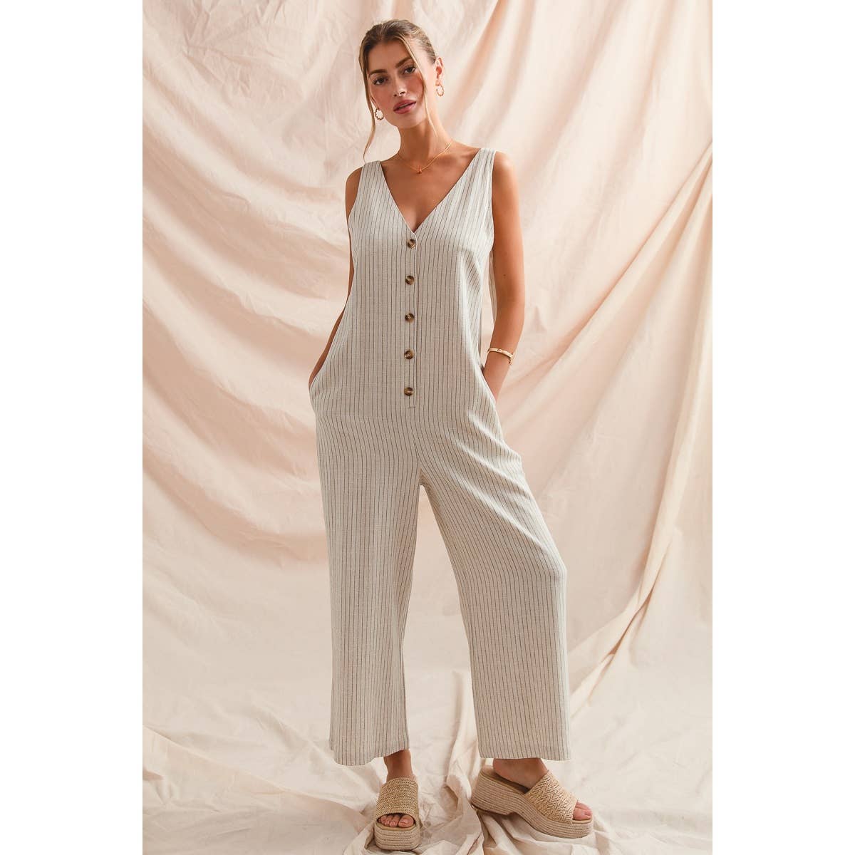 Summer nights button front linen overalls- Oatmeal with black
