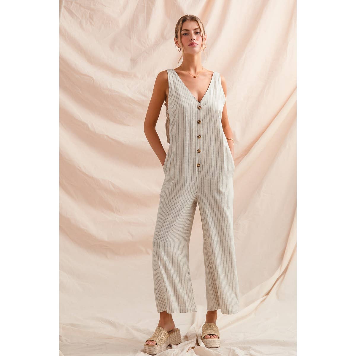 Summer nights button front linen overalls- Oatmeal with black