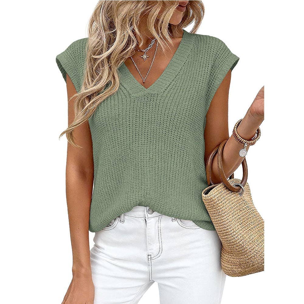 Women’s V Neck Sleeveless  Loose Casual Summer Top: Bean Green