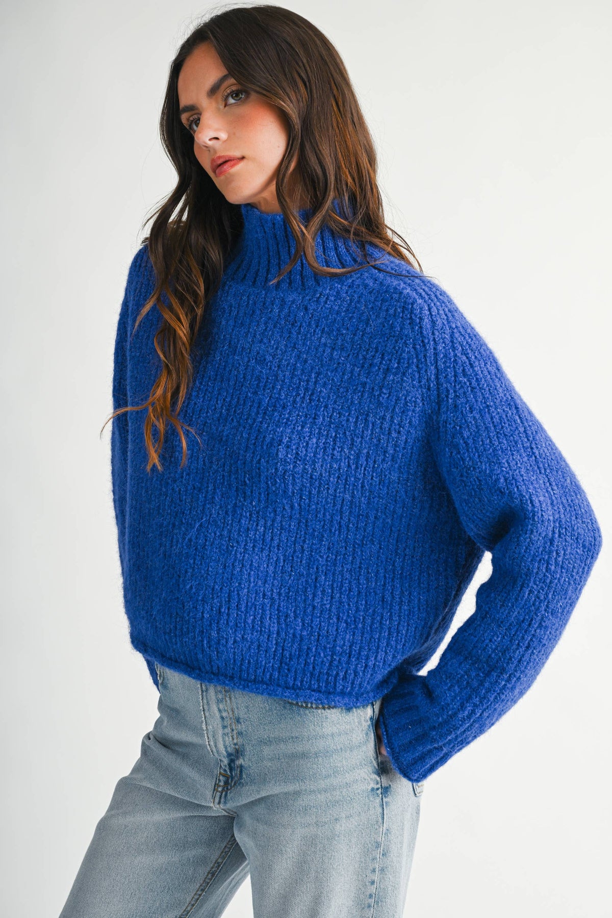 Cobalt Soft Brushed Mock Neck Sweater