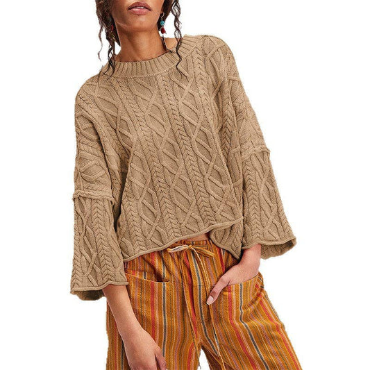 Khaki Cropped Cable Knit Bell Sleeve Sweater
