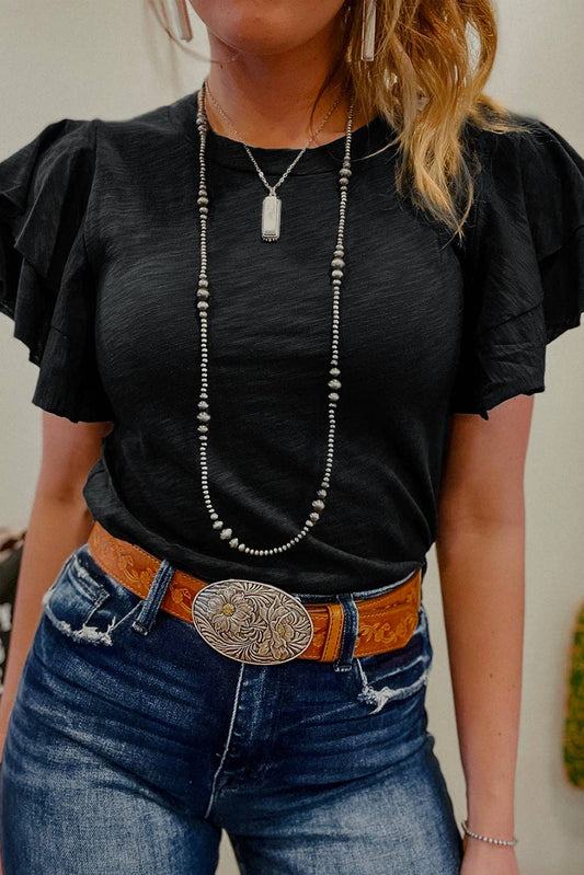 Black Layered Ruffle Short Sleeve Top