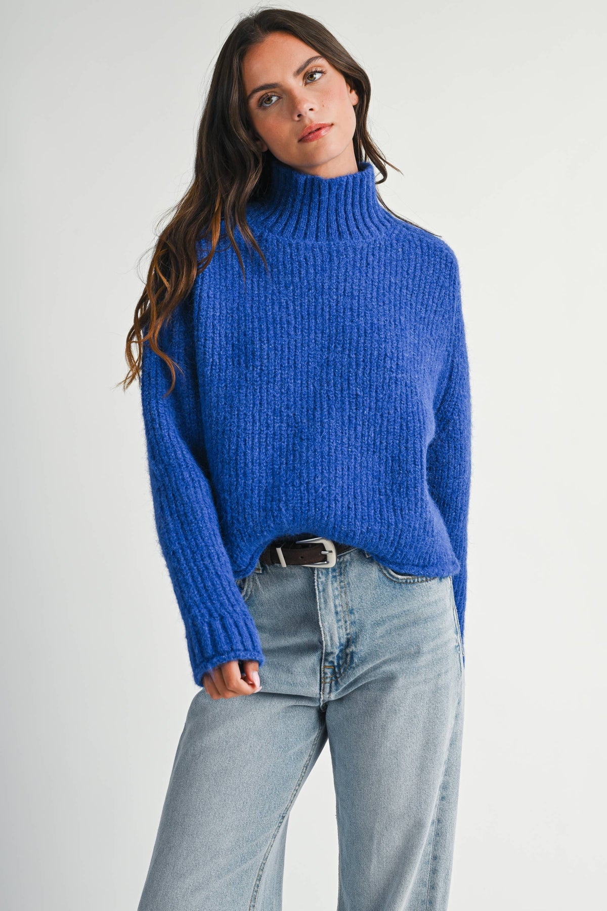 Cobalt Soft Brushed Mock Neck Sweater