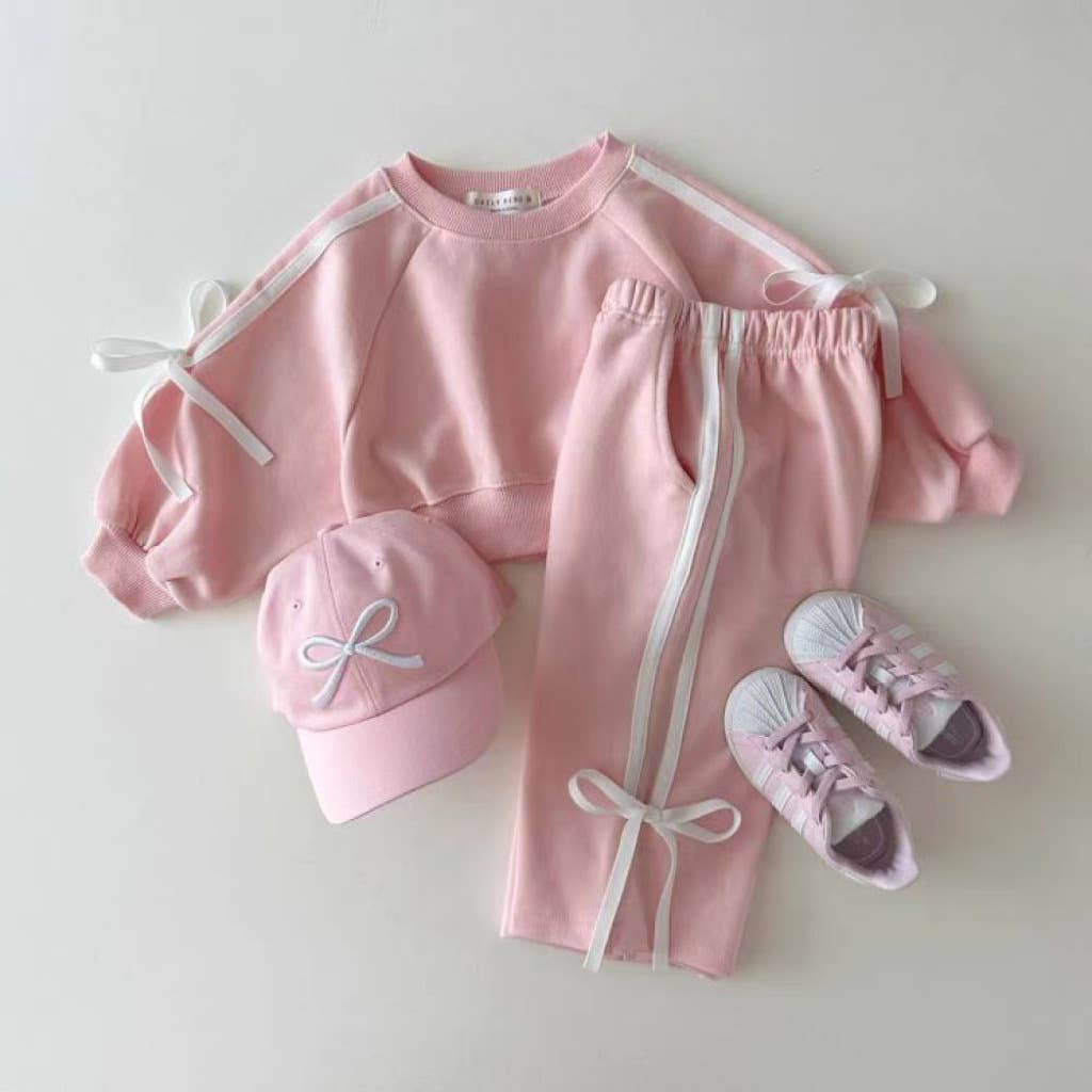 Girls Pink Bow Trim Sweatshirt and Pants Set: Pink / 4