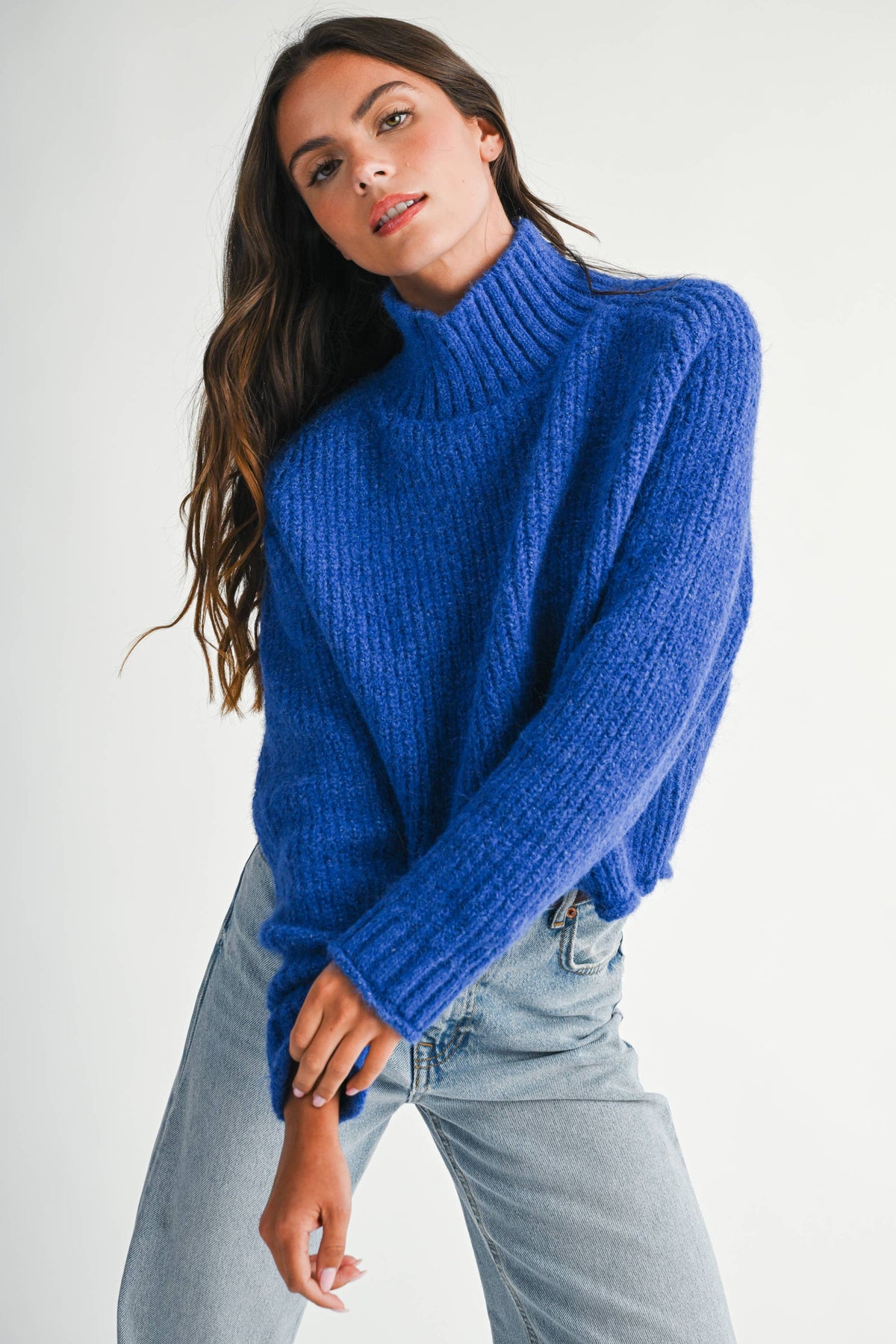 Cobalt Soft Brushed Mock Neck Sweater