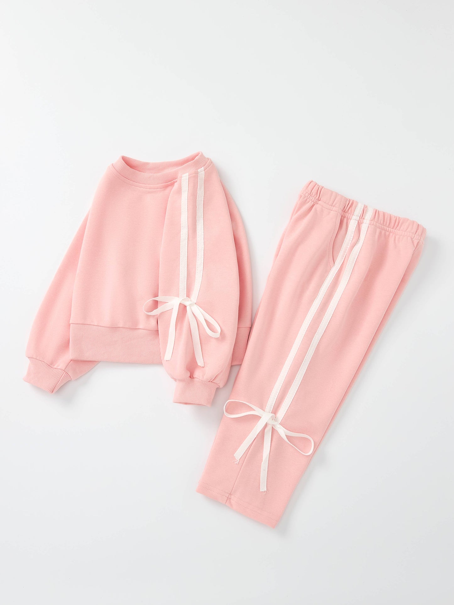 Girls Pink Bow Trim Sweatshirt and Pants Set: Pink / 4