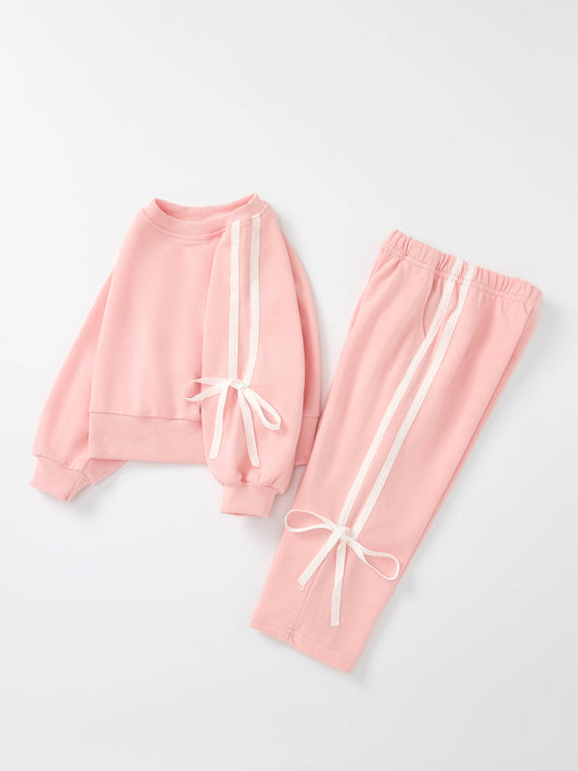 Girls Pink Bow Trim Sweatshirt and Pants Set: Pink / 4