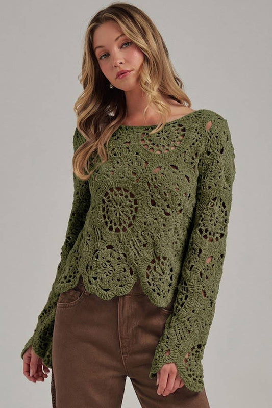 Boho Crochet Olive Knitted Sweater