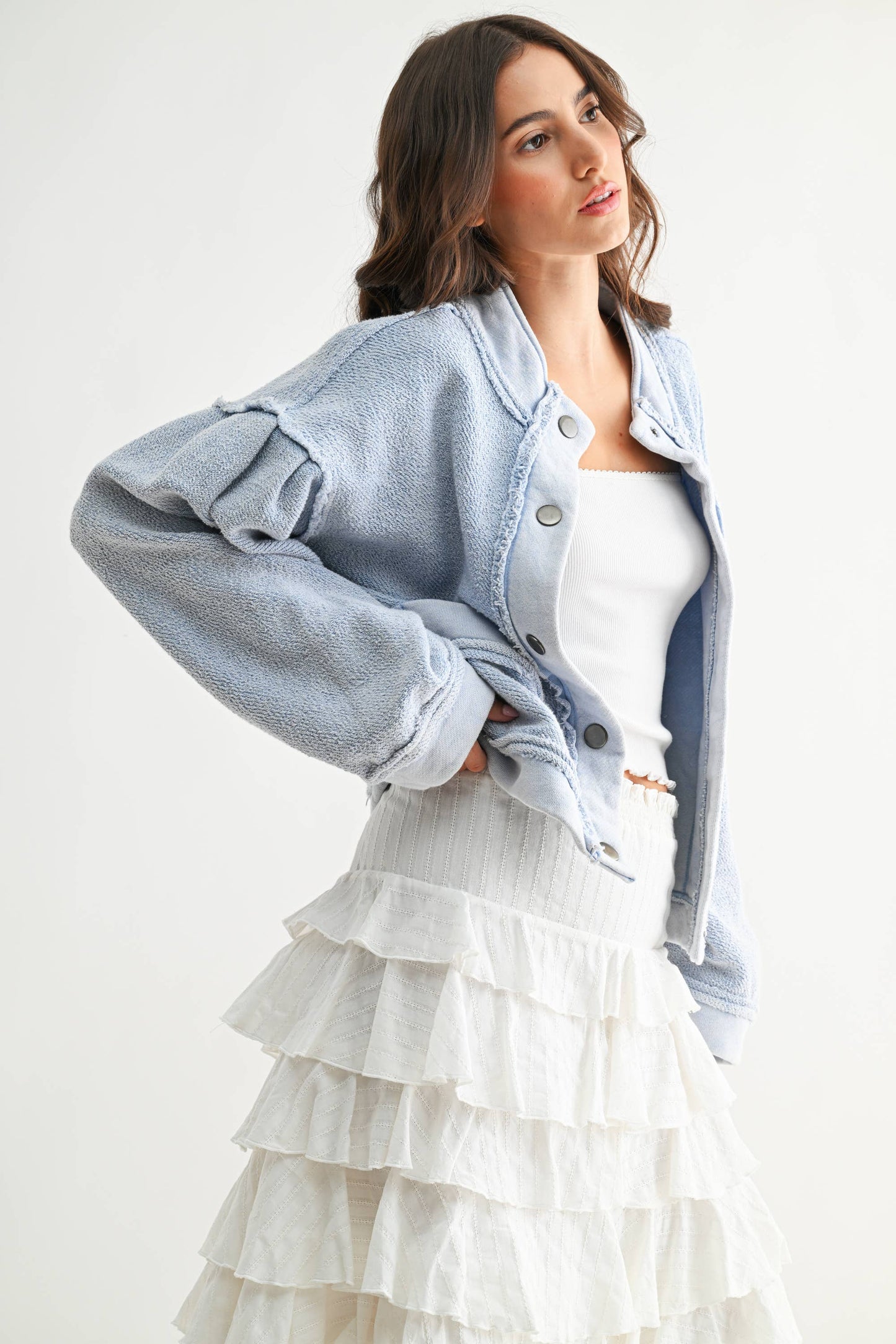 Marissa Boucle Textured Button-Up Jacket: Light Blue