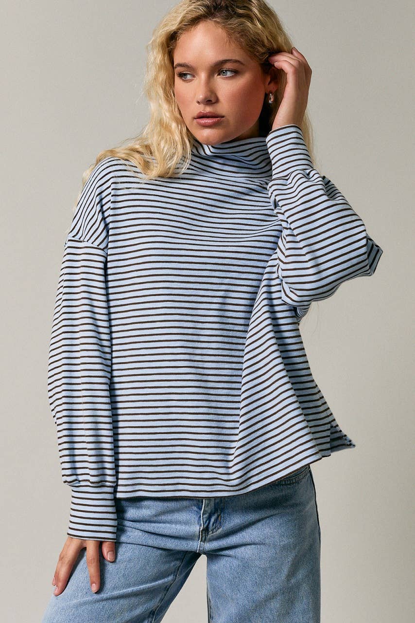 Blue Ridge Mock Neck- Blue-Brown Stripe