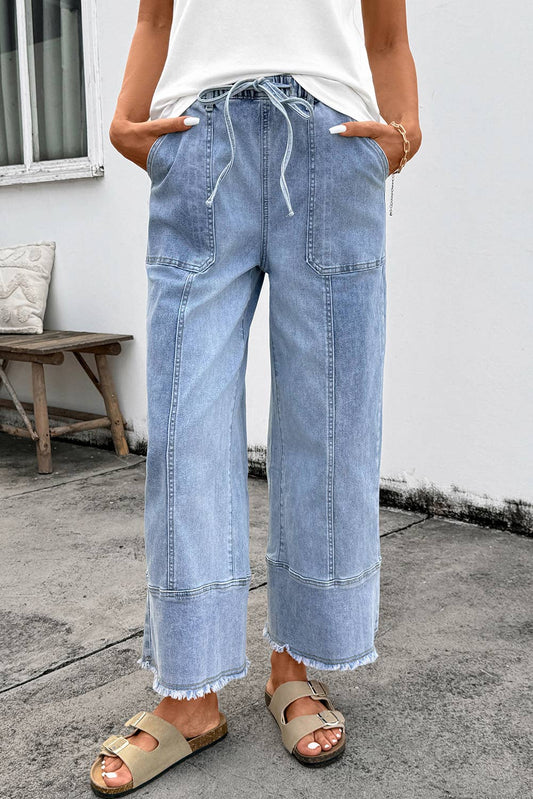 Christy Drawstring Raw Hem Wide Leg Denim Pants