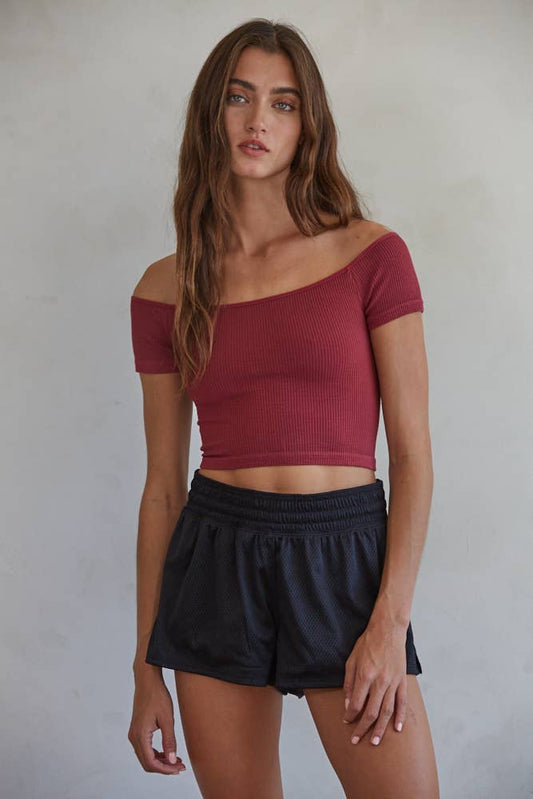 Reese Ribbed Burgundy Off Shoulder Crop Top