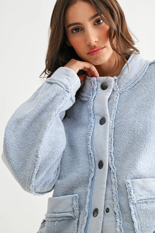 Marissa Boucle Textured Button-Up Jacket: Light Blue