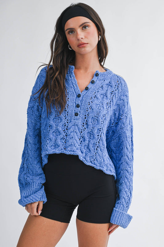 Blue Textured Cropped Henley Knit Sweater