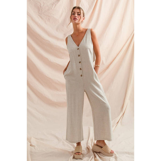 Summer nights button front linen overalls- Oatmeal with black