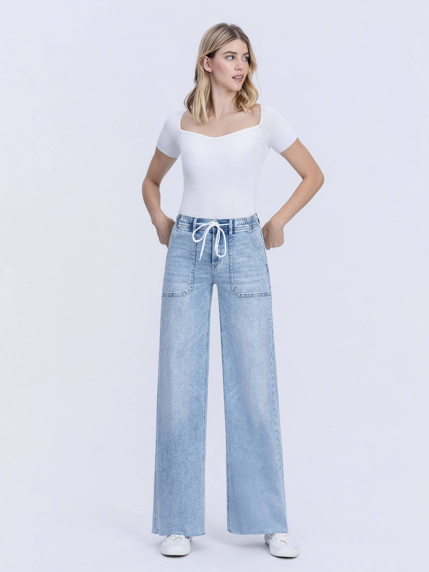 SADIE HIGH RISE DRAWSTRING WAISTBAND WIDE LEG JEANS